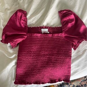 UO smocked pink puff sleeve satin top Small